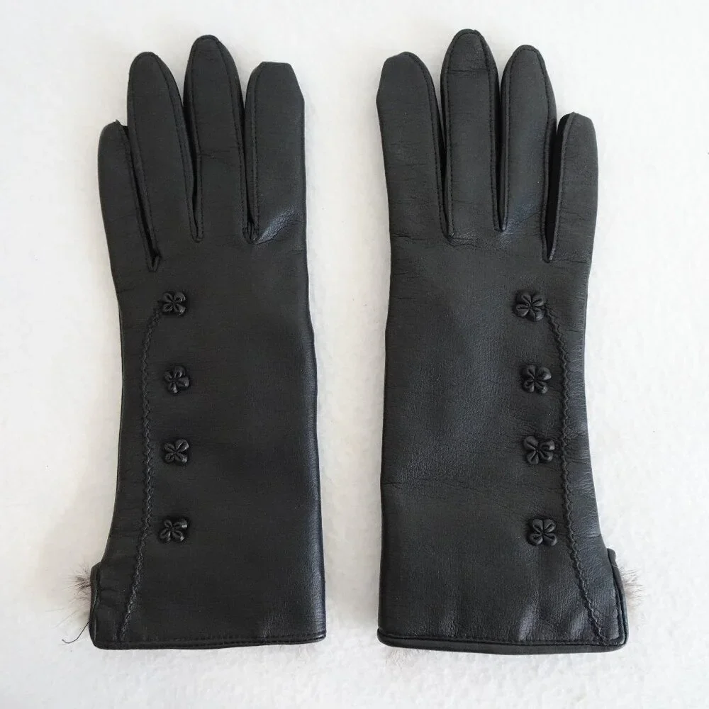 Vintage Women’s Faux Black Leather Fur Lined Gloves Size 7 to 8 1/2 S/M